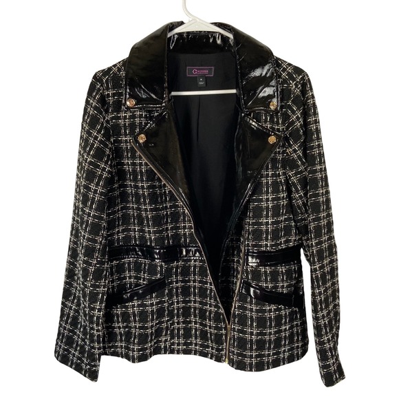 C Wonder Christian Siriano Tweed Moto Jacket Black White Faux Leather Trim M - Picture 2 of 12